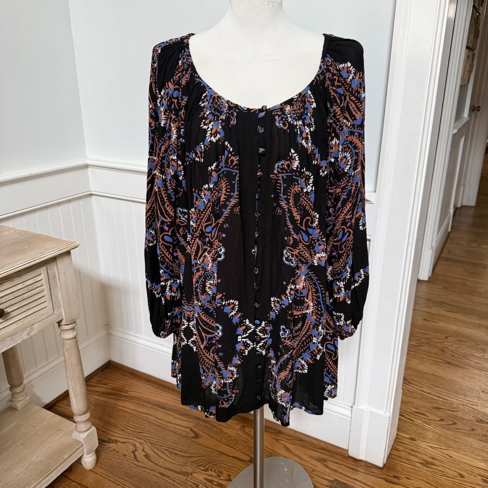 Free People Black Oversized Paisley Peasant Boho Long Sleeve Tunic Dress XS